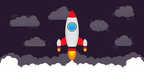 Startup background with launch rocket with cloud in a flat design