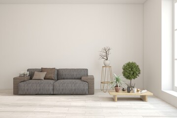 White living room with sofa. Scandinavian interior design. 3D illustration