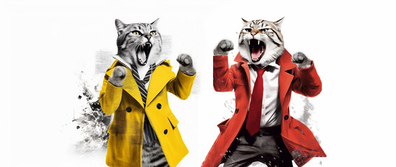 Obraz premium Art collage. Two crazy business fight cats. Promotion, action, competition, job questions, discussion. Vacancy. Office Business concept stress concept.