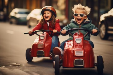 Cool kids racing in pedal cars