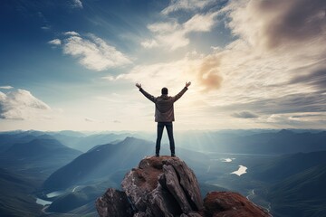 Positive man celebrating on mountain top, with arms raised up - obrazy, fototapety, plakaty