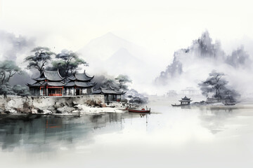 Chinese village scenery by the river, Zen ink hand painting - obrazy, fototapety, plakaty