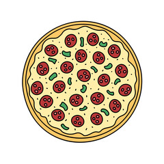 Round Pizza vector doodle element isolated. Outline illustration of fast food dish with salami and vegetables. Hand drawn cute colorful doodles