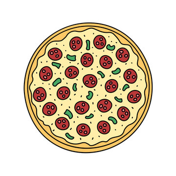 recommend clip art: Round Pizza vector doodle element isolated. Outline illustration of fast food dish with salami and vegetables. Hand drawn cute colorful doodles