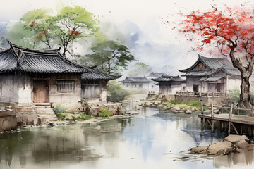 Chinese village scenery by the river, Zen ink hand painting