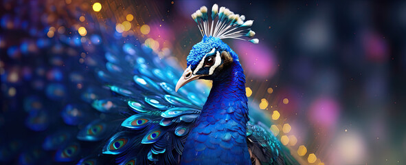 peacock in with blurry lights in the background. 