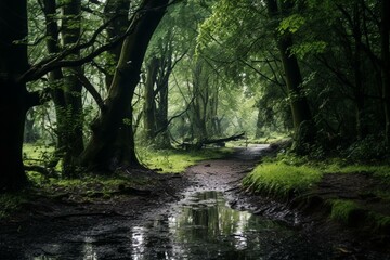 a wet path leading through woods. Generative AI