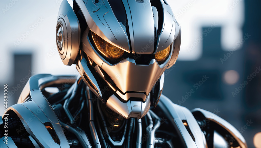 Poster sci-fi robot warrior. explore a sci-fi world with a powerful robot in this captivating image, suitab