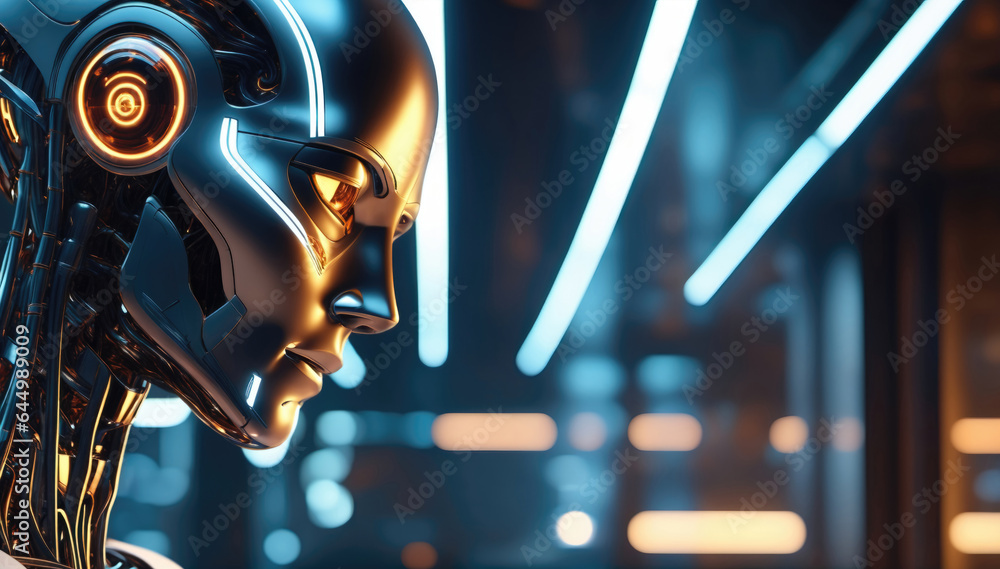 Poster futuristic ai technology. an image of advanced artificial intelligence visual with a thinking robot,
