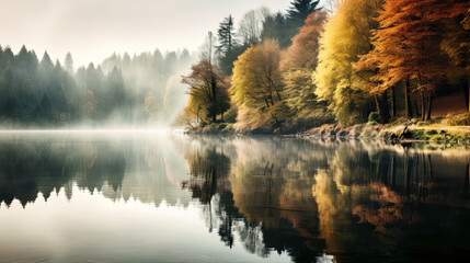 sunrise over the lake in autumn forest. 