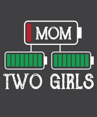 Mom two girls battery low mother's day day saying quote t shirt design vector, funny tired mom, boys low battery t-shirt, low battery mom,  low battery mom, mother's day birthday