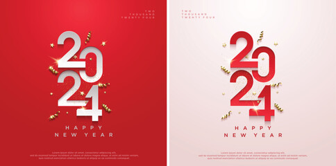 Happy new year 2024 on red and white background. - obrazy, fototapety, plakaty
