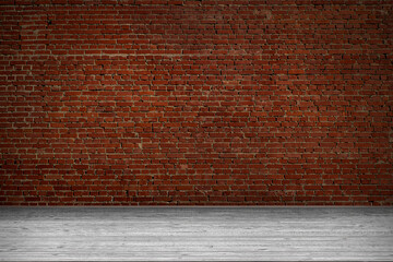 Stone brick walls and wooden floor for mock up. Rustic old wooden planks, shelf or table surface. Empty room background for product displaing and copy space for text