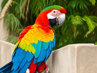 Naklejka premium Colorful parrot sitting in front of the wall.