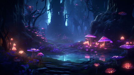 beautiful forest fantasy world with glowing insects trees