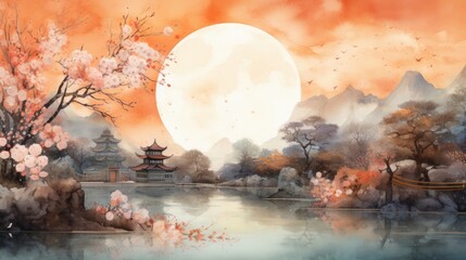 Chinese traditional landscape with full moon and cherry blossom. Mid-Autumn Festival concept