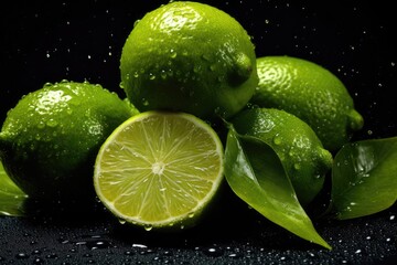 Fresh lime with water drops on dark background, close-up. Generative AI
