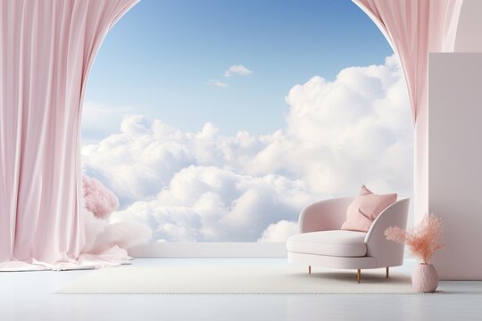 Cloudscape art, gradient sky with white clouds. Concept of pastel interior.