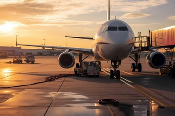 An airplane is refueling at the airport in the sunset. Wide-body aircraft with captivating cloudy sunset sky.
