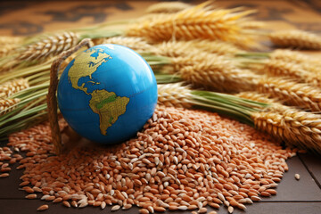A globe on top of a grains, food security concept - obrazy, fototapety, plakaty