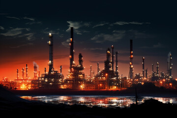 Fototapeta premium a view of oil refinery during night, industrial concept