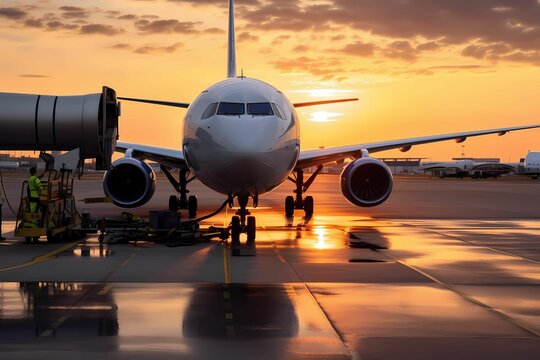 an Aircraft fueling up in the airport in the sunset. Wide-body aircraft with captivating sunset sky.