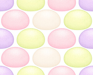 Mochi colored collection, seamless pattern. Japanese traditional sweet soft dessert. Ball of rice flour with bean paste. Bento mochi dish. Vector illustration set with healthy sweet snack.