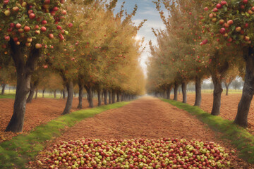 Rows of apple trees laden with ripe fruits, with the ground covered in a carpet of fallen leaves