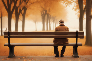 An elderly couple wrapped in warm clothing, sitting on a bench, observing the fall colors.