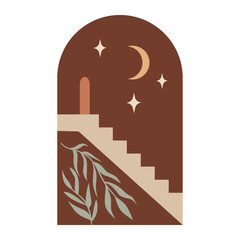 Boho Arch Illustration With Staircase And Crescent