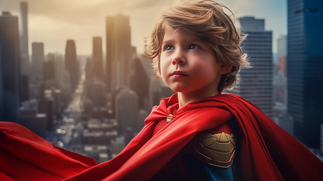 A little superhero boy, red cape flying, stands on the roof of a tall building, on background the city below