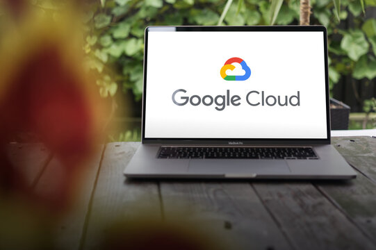 Google Cloud logo (GCP, Google Cloud Platform), a suite of cloud computing services offered by Google, displayed on a MacBook Pro screen