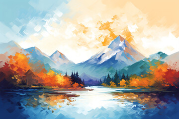 Fototapeta na wymiar Watercolor style abstract mountain painting, on the surface of a river