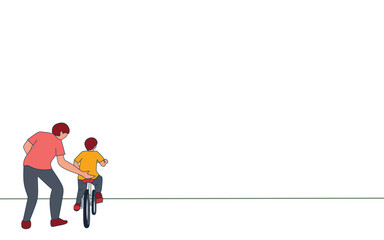 vector illustration about boy learning to ride a bike with dad. Never give up to learn. father's love for sons with flat design for presentation