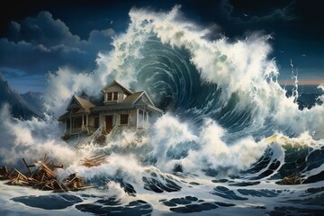 powerful ocean waves crashing into a beachfront house, tsunami depiction. Generative AI - obrazy, fototapety, plakaty