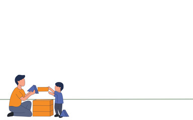 vector illustration of father and son playing with blocks.good father concept. fatherhood, daddy's love flat design for presentation. bottom left object