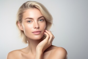 Blonde woman touching her face with her hand, skin care, portrait, advertising, portrait