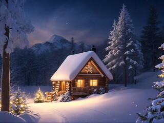 A colorful cozy house covered in snow, middle of the jungle, night, stars on the sky, magical lighting, winter season, Christmas, new year's eve.