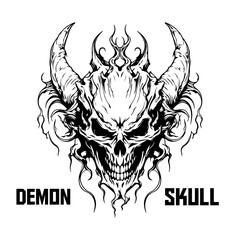 Monochrome demon skull in vector. Logo, label, emblem, sign, poster, tee - PNG, Transparent Background