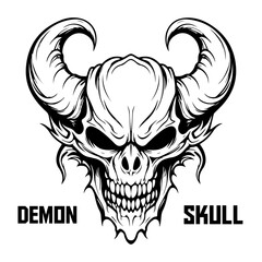Monochrome vector illustration of a demon's skull. Skull with horns designed for use in logos, labels, emblems, signs, brand marks, posters, and t-shirt prints- PNG, Transparent Background