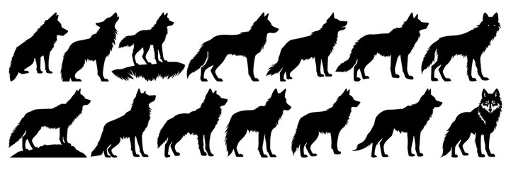 Wolf silhouettes set, large pack of vector silhouette design, isolated white background