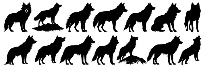 Wolf silhouettes set, large pack of vector silhouette design, isolated white background