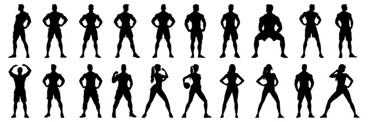 Bodybuilder fitness and gym silhouettes set, large pack of vector silhouette design, isolated white background