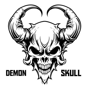 Monochrome demon skull depicted in vector illustration. Horned skull face serves as a design element for logo, label, emblem, sign, brand mark, poster, and t-shirt print - PNG, Transparent Background