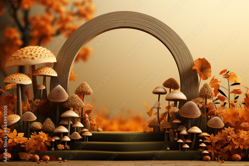 Poster 3d podium products display background with autumn leaves,mushrooms,animal on the left with copy spac