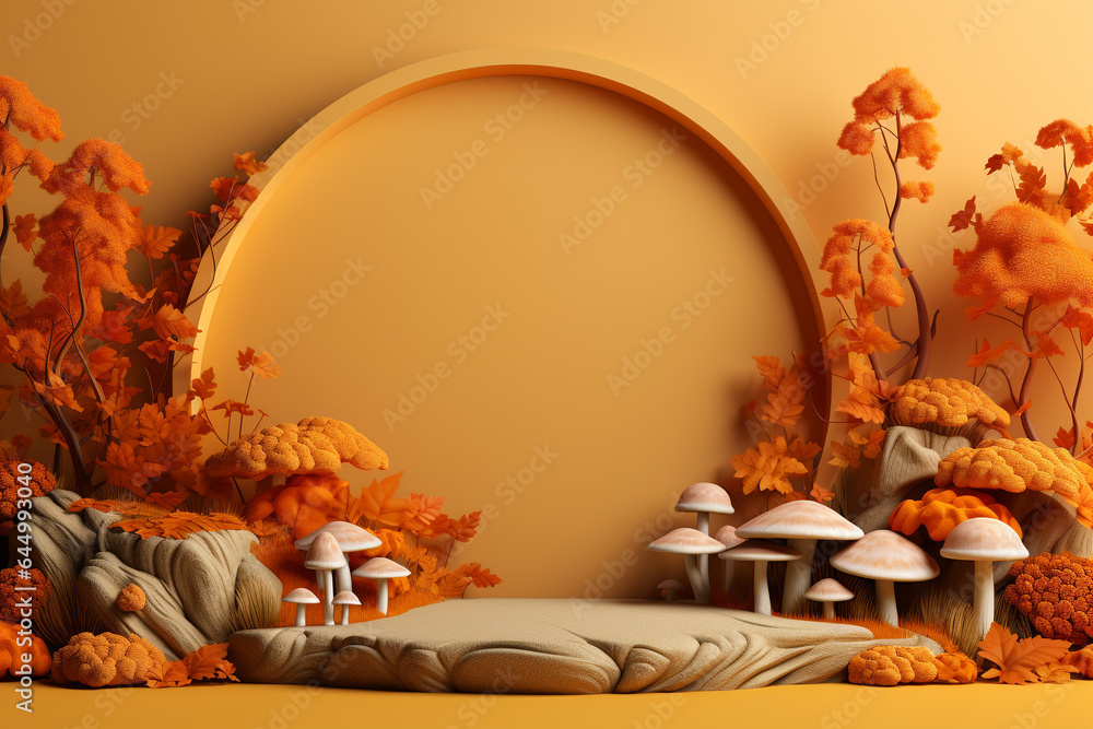 Poster 3d podium products display background with autumn leaves,mushrooms,animal on the left with copy spac