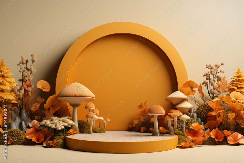 Poster 3d podium products display background with autumn leaves,mushrooms,animal on the left with copy spac