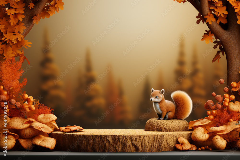 Poster 3d podium products display background with autumn leaves,mushrooms,animal on the left with copy spac