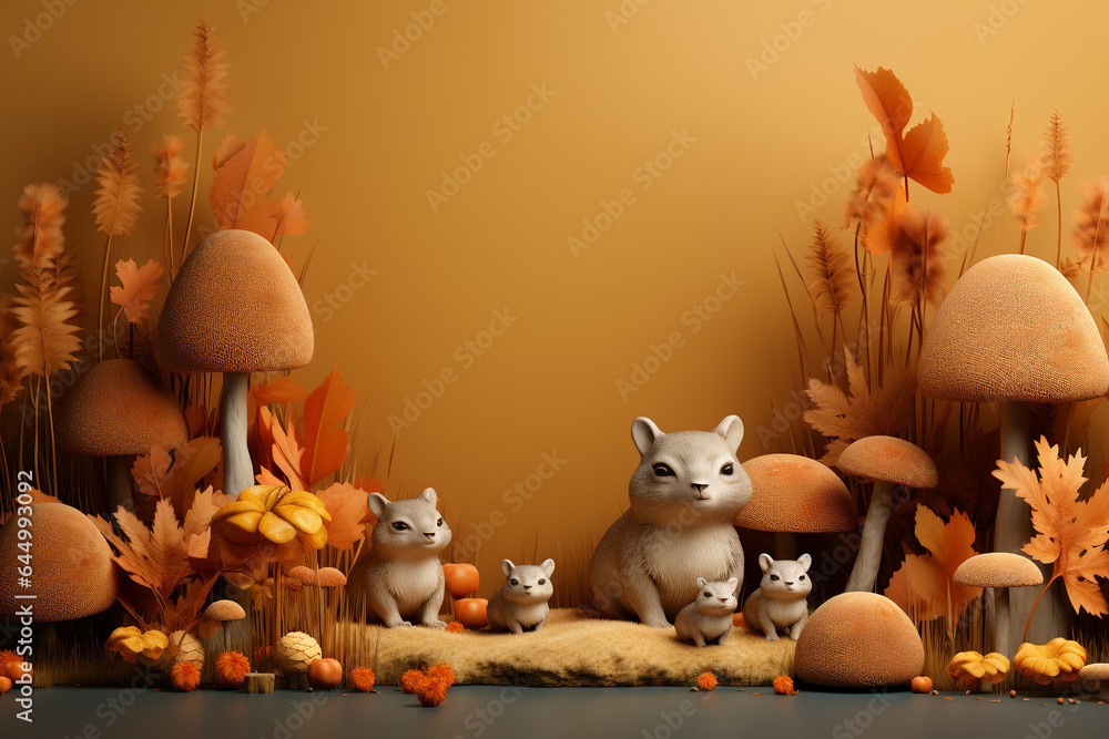 Poster 3d podium products display background with autumn leaves,mushrooms,animal on the left with copy spac