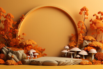 3D podium products display background with autumn leaves,mushrooms,animal on the left with copy space.Minimal background for products presentation.Created with Generative AI technology